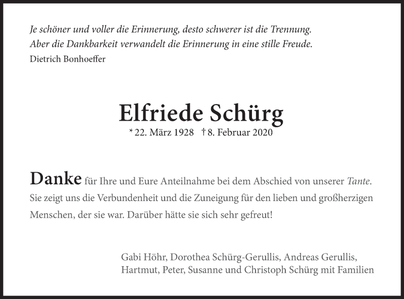  Traueranzeige für Elfriede Schürg vom 28.03.2020 aus Haller Tagblatt