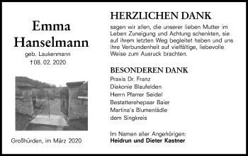 Traueranzeige von Emma Hanselmann von Hohenloher Tagblatt