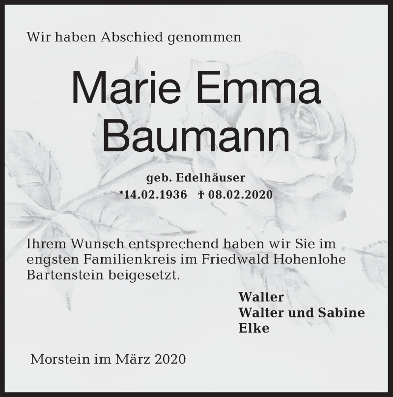  Traueranzeige für Marie Emma Baumann vom 28.03.2020 aus Hohenloher Tagblatt