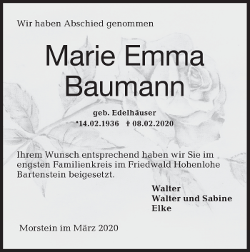 Traueranzeige von Marie Emma Baumann von Hohenloher Tagblatt