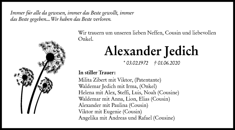  Traueranzeige für Alexander Jedich vom 06.06.2020 aus Hohenloher Tagblatt