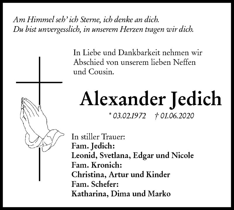 Traueranzeige für Alexander Jedich vom 10.06.2020 aus Hohenloher Tagblatt