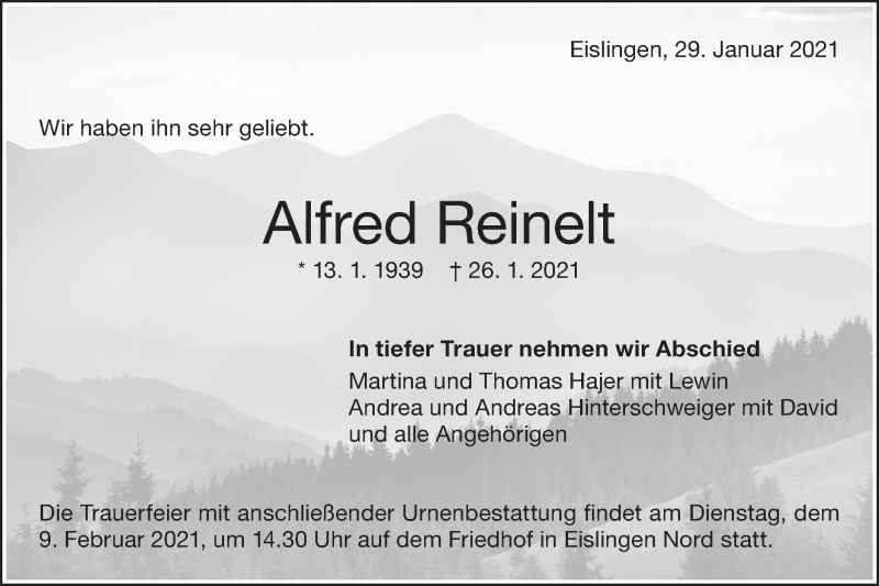  Traueranzeige für Alfred Reinelt vom 29.01.2021 aus NWZ Neue Württembergische Zeitung