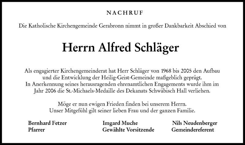  Traueranzeige für Alfred Schläger vom 30.01.2021 aus Hohenloher Tagblatt