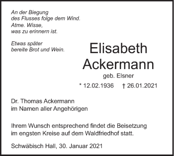Traueranzeige von Elisabeth Ackermann von Haller Tagblatt