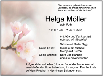 Traueranzeige von Helga Möller von Metzinger-Uracher Volksblatt