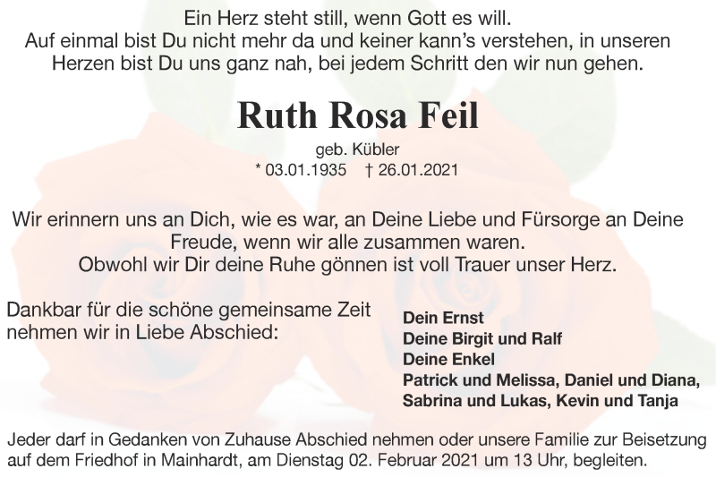  Traueranzeige für Ruth Rosa Feil vom 30.01.2021 aus Haller Tagblatt