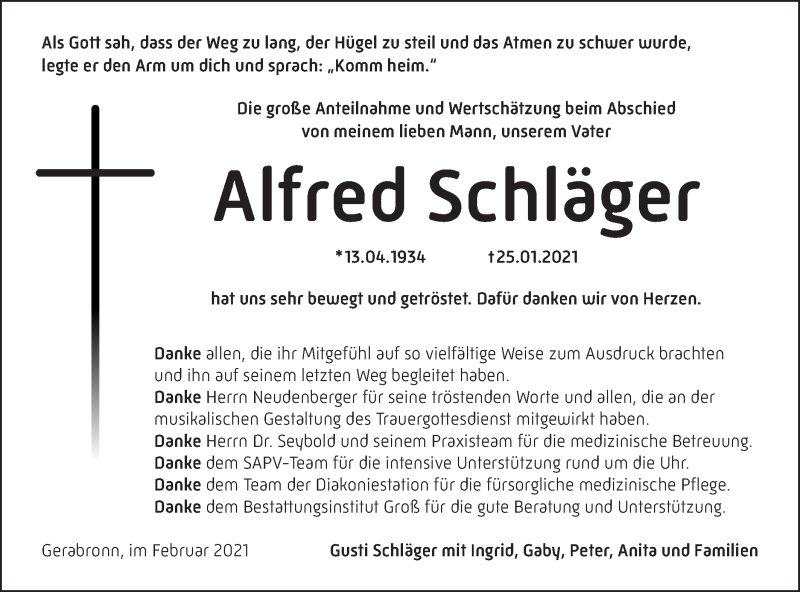  Traueranzeige für Alfred Schläger vom 13.02.2021 aus Hohenloher Tagblatt