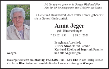 Traueranzeige von Anna Jeger von Illertal Bote