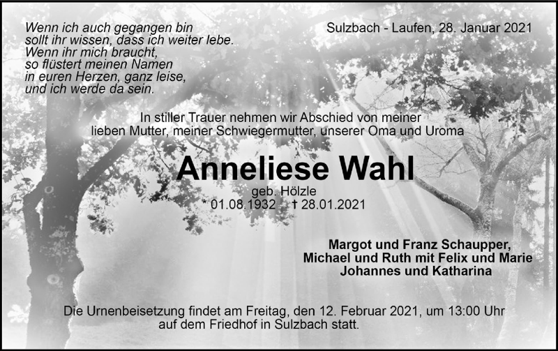  Traueranzeige für Anneliese Wahl vom 06.02.2021 aus Rundschau Gaildorf