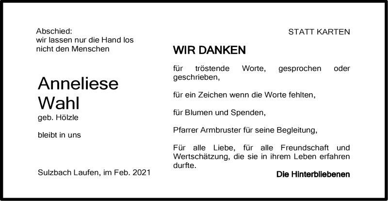  Traueranzeige für Anneliese Wahl vom 25.02.2021 aus Rundschau Gaildorf