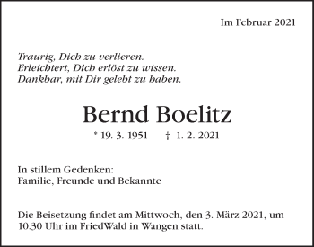 Traueranzeige von Bernd Boelitz von NWZ Neue Württembergische Zeitung