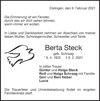 Traueranzeige von Berta Steck von NWZ Neue Württembergische Zeitung