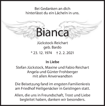 Traueranzeige von Bianca Jückstock-Reichart von Geislinger Zeitung