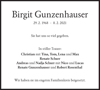 Traueranzeige von Birgit Gunzenhauser von NWZ Neue Württembergische Zeitung
