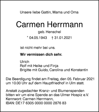 Traueranzeige von Carmen Herrmann von SÜDWEST PRESSE Ausgabe Ulm/Neu-Ulm
