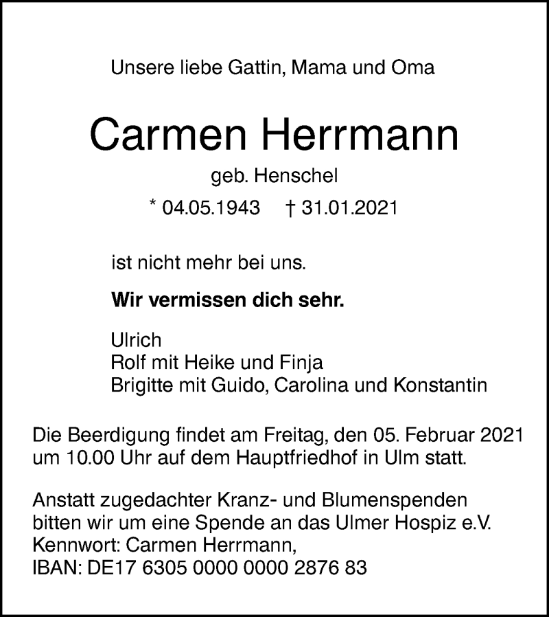  Traueranzeige für Carmen Herrmann vom 03.02.2021 aus SÜDWEST PRESSE Ausgabe Ulm/Neu-Ulm