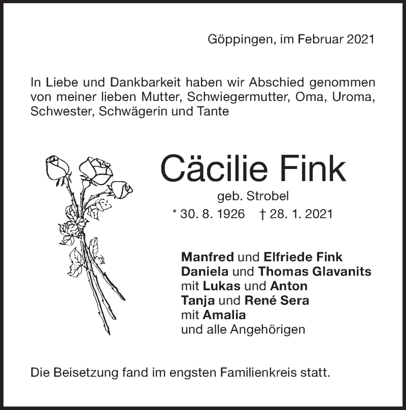  Traueranzeige für Cäcilie Fink vom 04.02.2021 aus NWZ Neue Württembergische Zeitung