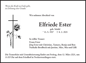 Traueranzeige von Elfriede Ester von Metzinger-Uracher Volksblatt