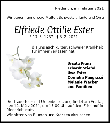 Traueranzeige von Elfriede Ottilie Ester von Metzinger-Uracher Volksblatt