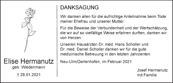Traueranzeige von Elise Hermanutz von SÜDWEST PRESSE Ausgabe Ulm/Neu-Ulm