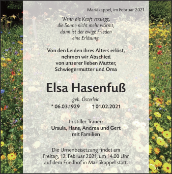Traueranzeige von Elsa Hasenfuß von Hohenloher Tagblatt