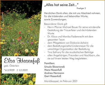 Traueranzeige von Elsa Hasenfuß von Hohenloher Tagblatt