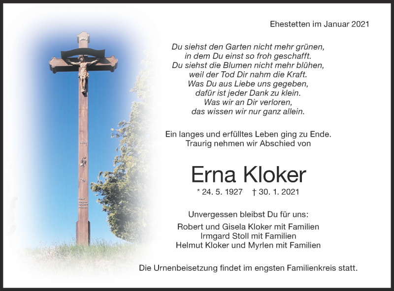  Traueranzeige für Erna Kloker vom 13.02.2021 aus Alb-Bote/Metzinger-Uracher Volksblatt