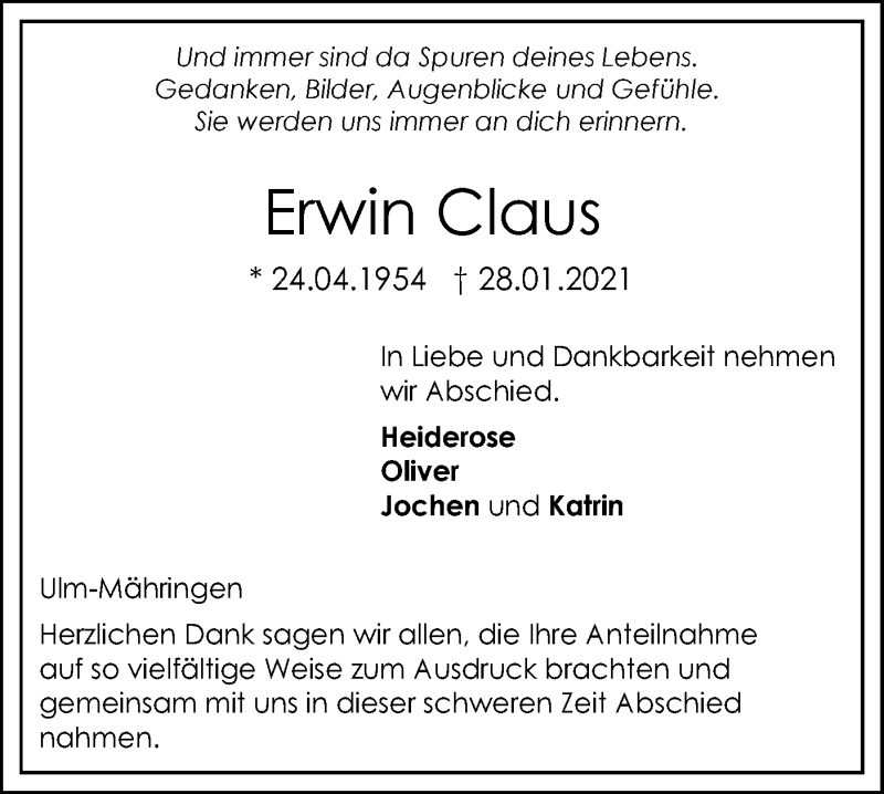  Traueranzeige für Erwin Claus vom 13.02.2021 aus SÜDWEST PRESSE Ausgabe Ulm/Neu-Ulm