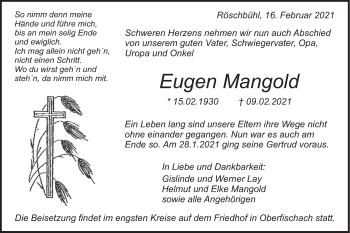 Traueranzeige von Eugen Mangold von Haller Tagblatt