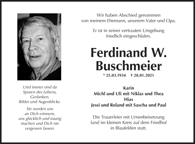  Traueranzeige für Ferdinand W. Buschmeier vom 13.02.2021 aus Hohenloher Tagblatt