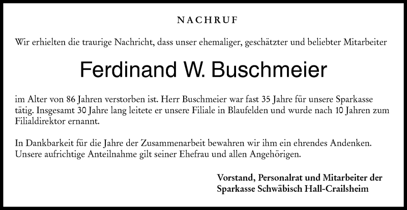  Traueranzeige für Ferdinand W. Buschmeier vom 17.02.2021 aus Hohenloher Tagblatt