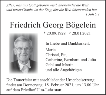 Traueranzeige von Friedrich Georg Bögelein von SÜDWEST PRESSE Ausgabe Ulm/Neu-Ulm