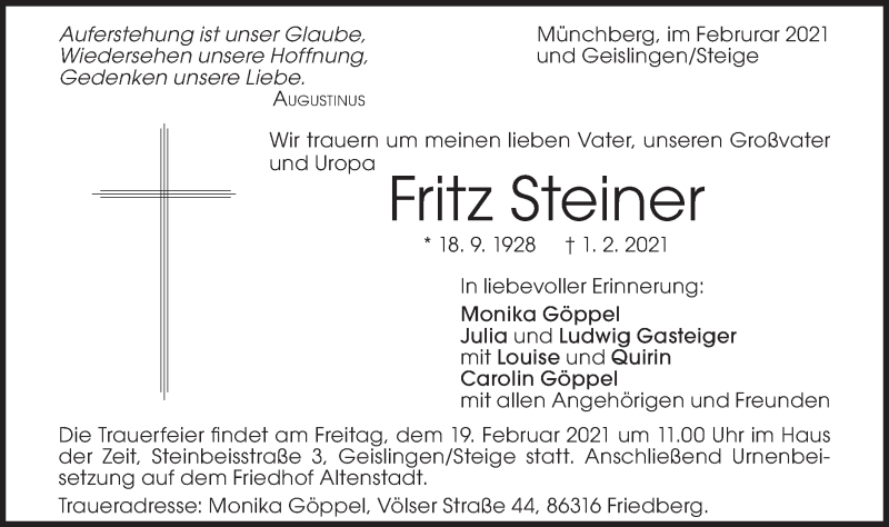  Traueranzeige für Fritz Steiner vom 13.02.2021 aus Geislinger Zeitung