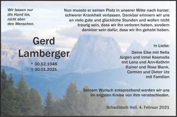 Traueranzeige von Gerd Lamberger von Haller Tagblatt