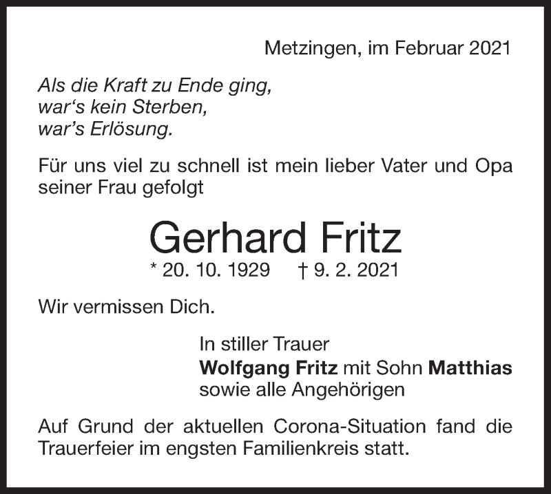  Traueranzeige für Gerhard Fritz vom 20.02.2021 aus Metzinger-Uracher Volksblatt