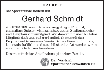 Traueranzeige von Gerhard Schmidt von Haller Tagblatt