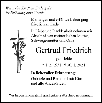Traueranzeige von Gertrud Friedrich von SÜDWEST PRESSE Ausgabe Ulm/Neu-Ulm