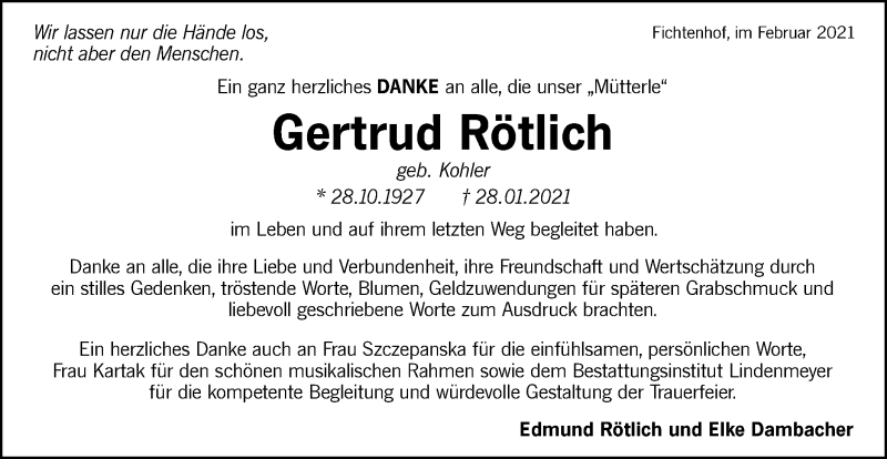  Traueranzeige für Gertrud Rötlich vom 27.02.2021 aus Hohenloher Tagblatt