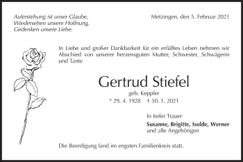 Traueranzeige von Gertrud Stiefel von Metzinger-Uracher Volksblatt