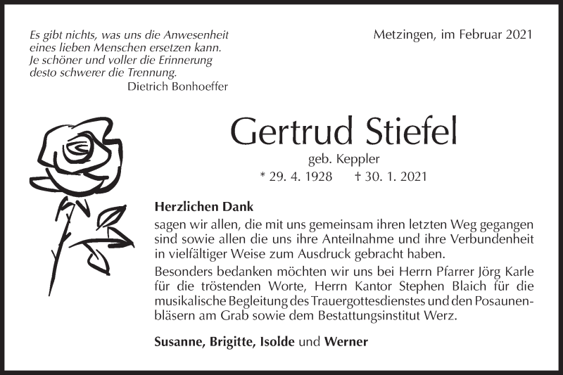  Traueranzeige für Gertrud Stiefel vom 25.02.2021 aus Metzinger-Uracher Volksblatt