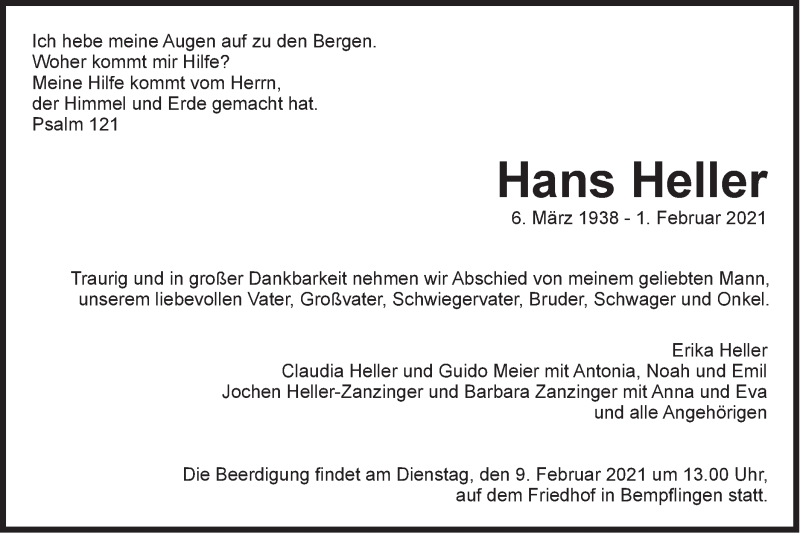  Traueranzeige für Hans Heller vom 06.02.2021 aus Metzinger-Uracher Volksblatt