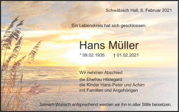 Traueranzeige von Hans Müller von Haller Tagblatt