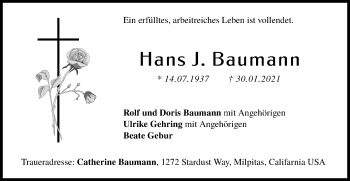 Traueranzeige von Hans J. Baumann von Hohenloher Tagblatt