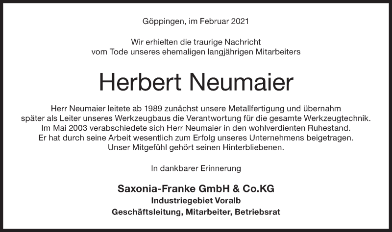  Traueranzeige für Herbert Neumaier vom 06.02.2021 aus NWZ Neue Württembergische Zeitung