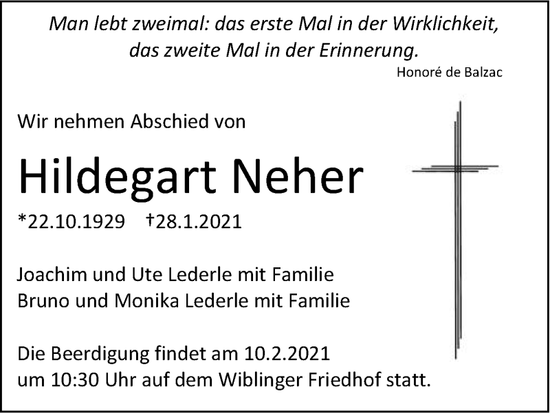  Traueranzeige für Hildegart Neher vom 06.02.2021 aus SÜDWEST PRESSE Ausgabe Ulm/Neu-Ulm