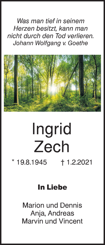 Traueranzeige von Ingrid Zech von SÜDWEST PRESSE Ausgabe Ulm/Neu-Ulm