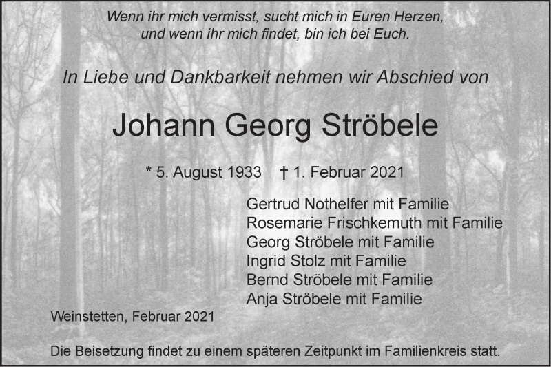  Traueranzeige für Johann Georg Ströbele vom 05.02.2021 aus SÜDWEST PRESSE Ausgabe Ulm/Neu-Ulm