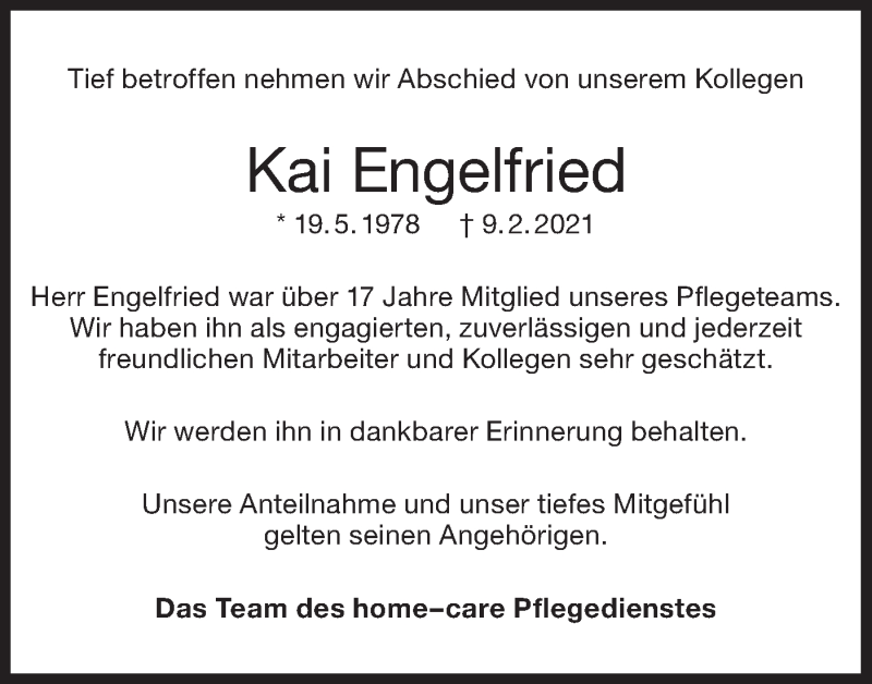  Traueranzeige für Kai Engelfried vom 17.02.2021 aus NWZ Neue Württembergische Zeitung