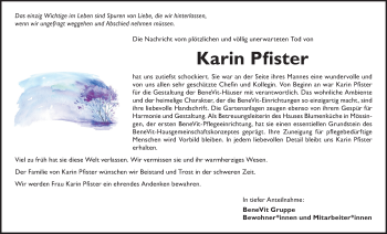 Traueranzeige von Karin Pfister von Metzinger-Uracher Volksblatt